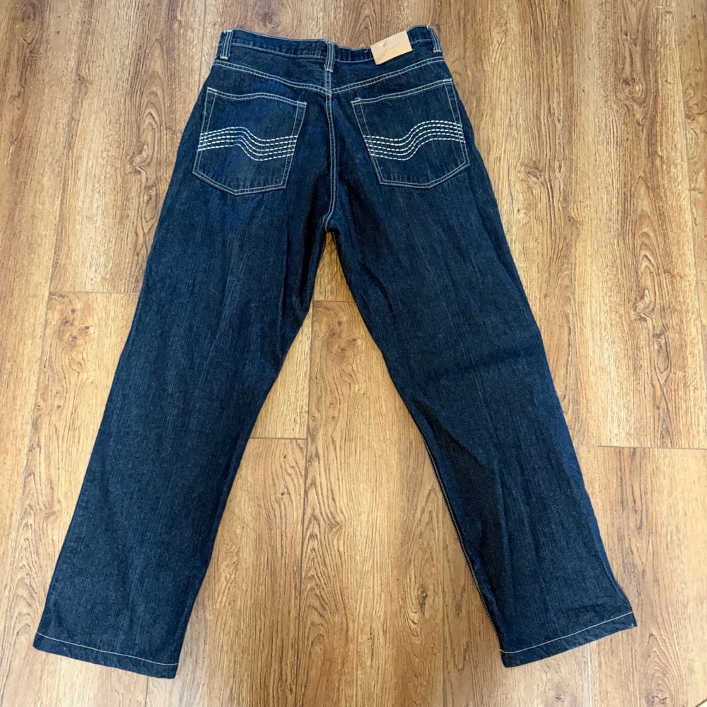 Brooklyn Xpress Mens Dark Wash Wavy Stitch Baggy Denim‎ Jeans 36x34 Y2K grunge